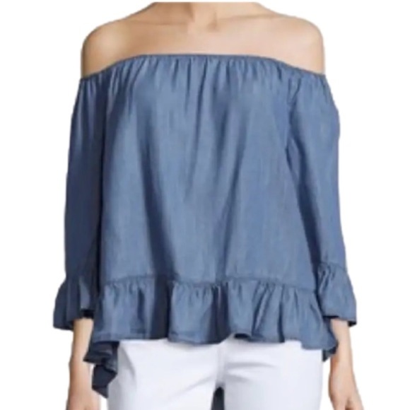 BEACHLUNCHLOUNGE Ruffle Top Off Shoulder Bell Sleeve Chambray Women Size… - Picture 1 of 14
